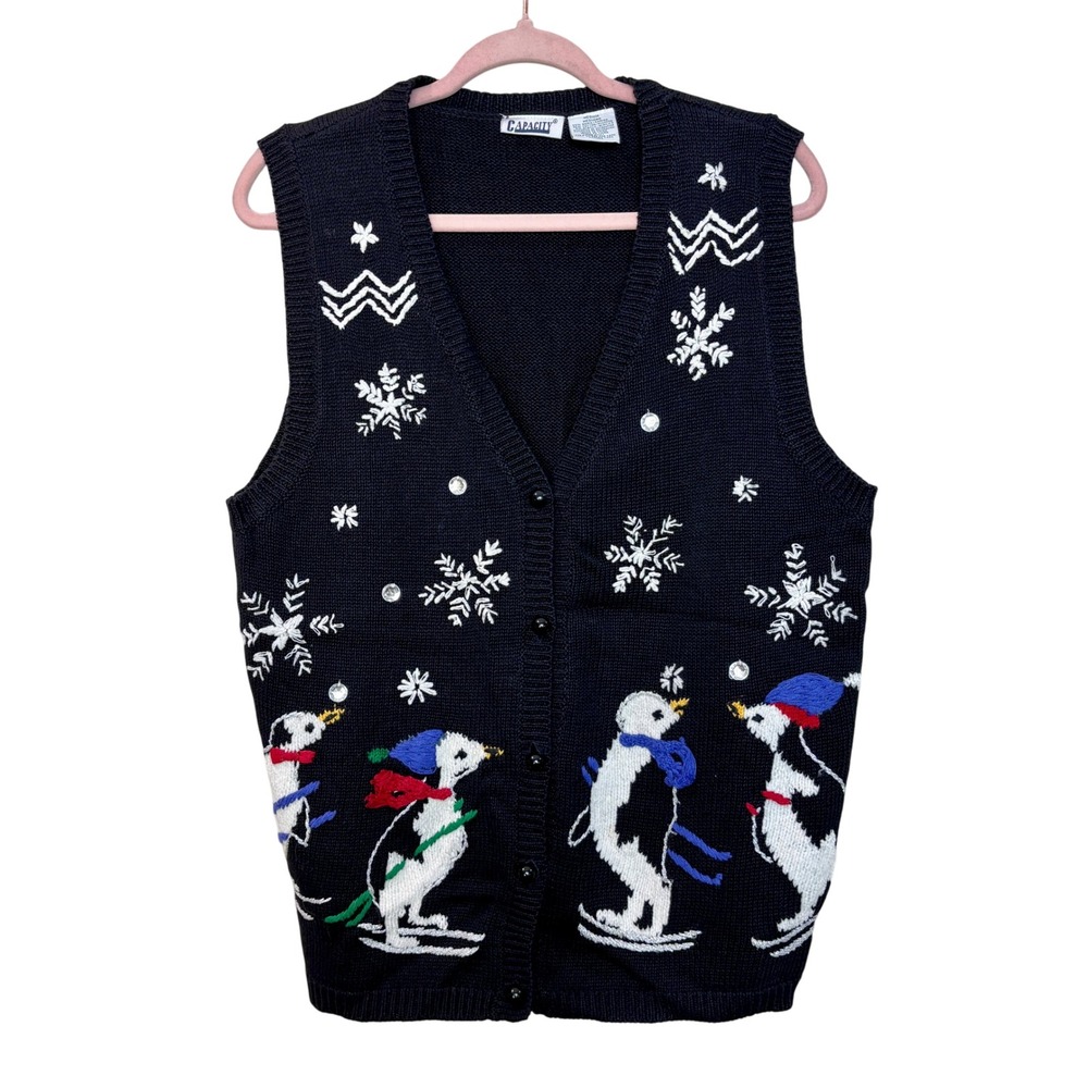 Vintage Black Penguin Snowflake‎ Knit Ugly Christmas Sweater Vest Medium Grandma